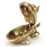 9ct gold fish charm opening to reveal a worm on a hook, 2.5cm in length, 5.5g : For further