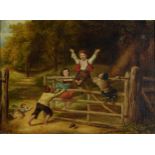 Follower of William Collins - Happy as a King, children playing on a five bar gate, 19th century oil