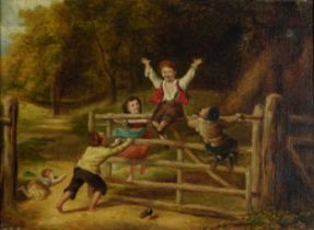 Follower of William Collins - Happy as a King, children playing on a five bar gate, 19th century oil