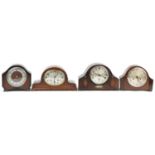 Three oak cased mantle clocks including two Westminster chiming examples, the largest 38cm wide :
