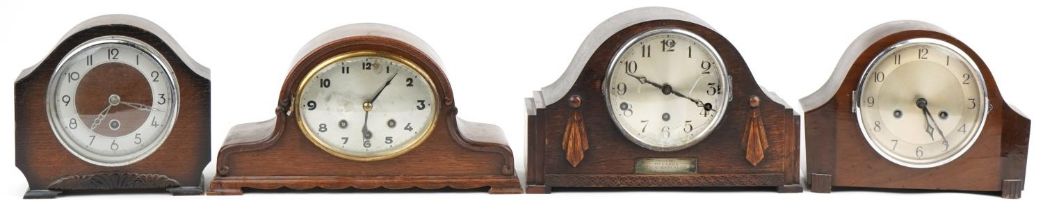 Three oak cased mantle clocks including two Westminster chiming examples, the largest 38cm wide :