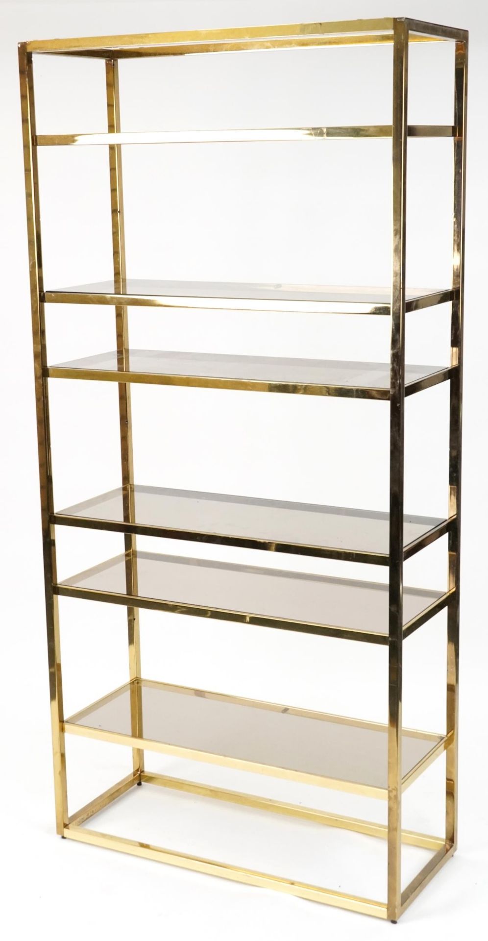 1970s Italian glass display stand with six smoked glass shelves, 201cm H x 96.5cm W x 40cm D : For