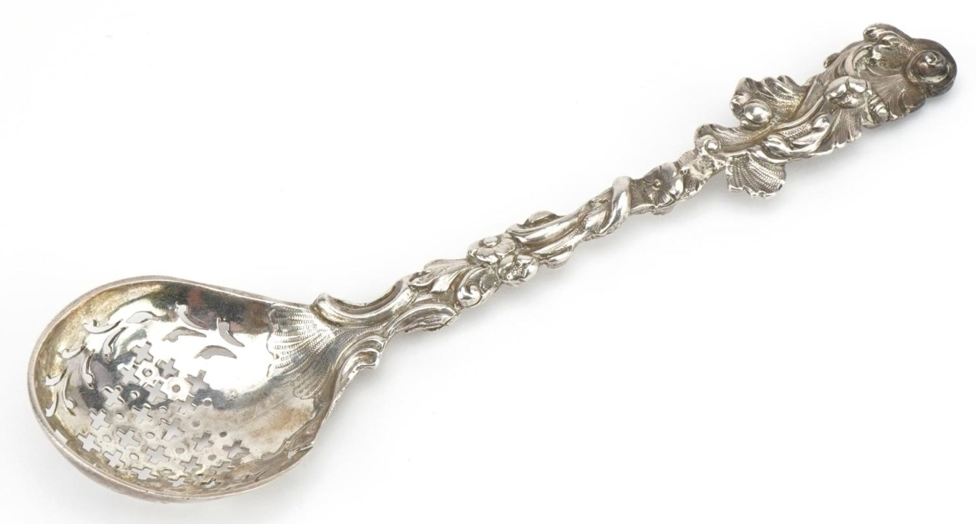 William Robert Smily, Victorian cast silver sifting spoon with naturalistic handle, London 1848,