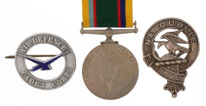 British military George VI Cadet Forces medal and two badges, the medal awarded to ACT.SQN.LDR.H.B.