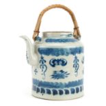 Chinese blue and white porcelain teapot hand painted with bats and fruit, 18cm in length excluding