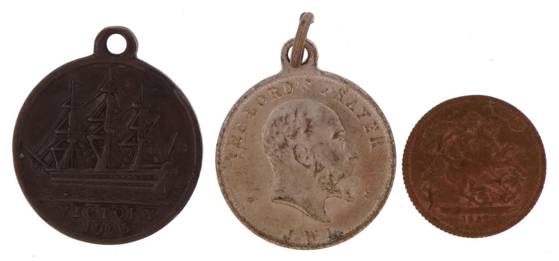 Two commemorative medallions and a coin including naval interest Nelson's Centenary containing
