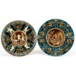 Schutz Blansko, two Austrian aesthetic Majolica blue ground wall plates including one decorated in