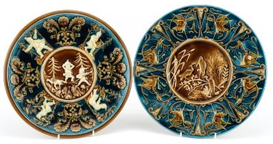 Schutz Blansko, two Austrian aesthetic Majolica blue ground wall plates including one decorated in