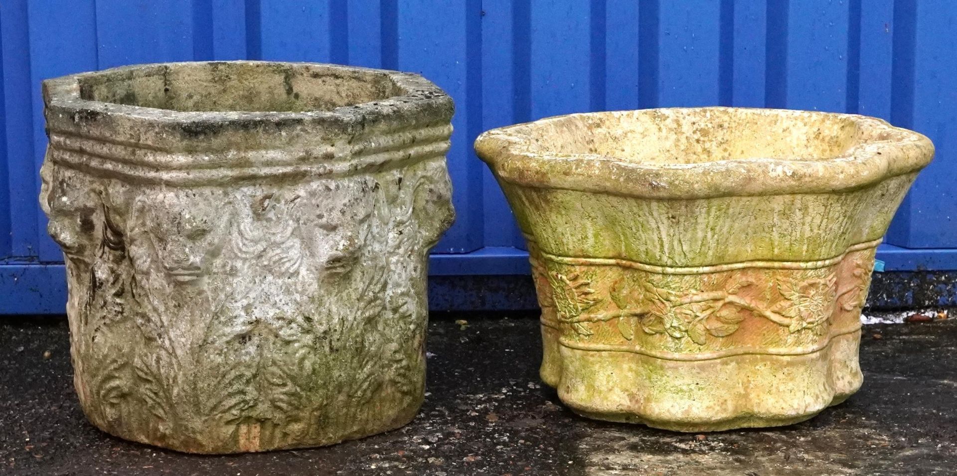 Two garden stoneware garden planters, one decorated with lion heads, the largest 34cm high : For - Image 3 of 3