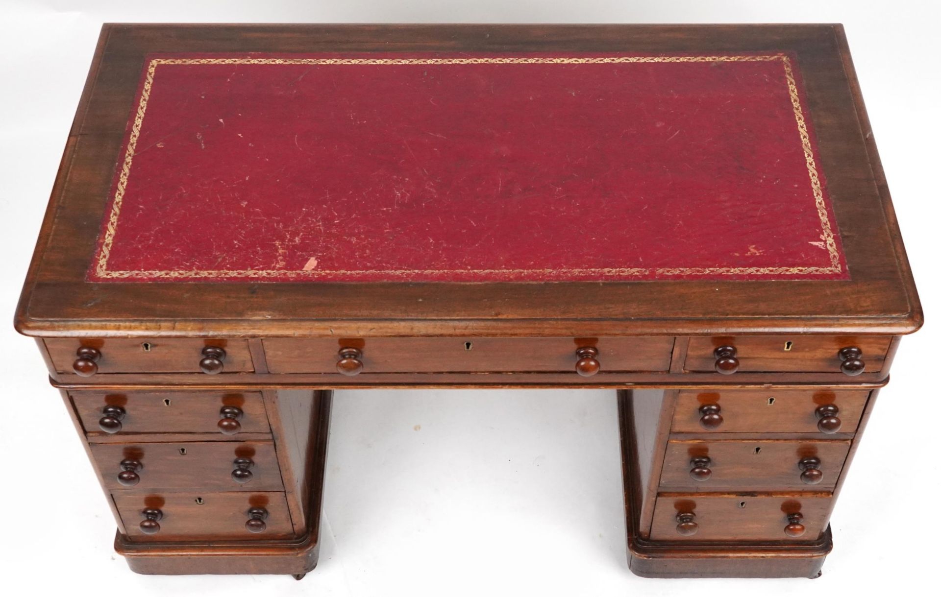 Victorian mahogany twin pedestal desk with tooled leather insert fitted with an arrangement of - Image 2 of 4