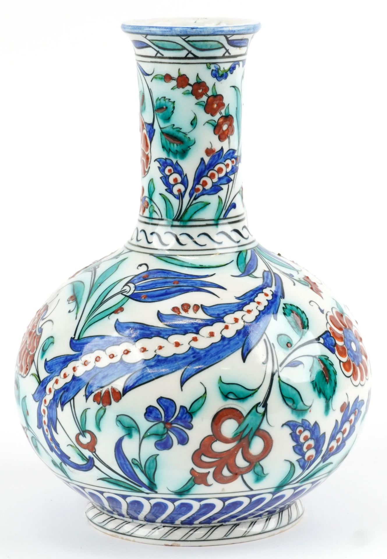 Turkish Iznik pottery kendi hand painted with stylised flowers, 27.5cm high : For further - Image 4 of 7