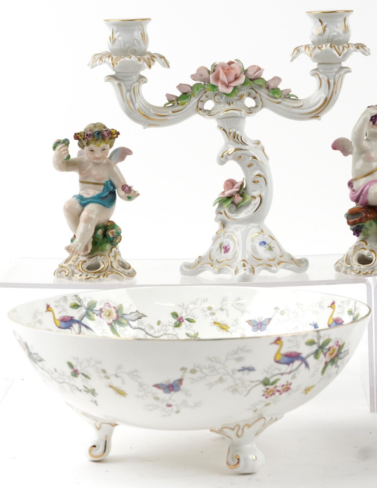 Continental and English porcelain including Dresden Lace figurine, three figures of Putti, Meissen - Image 2 of 4