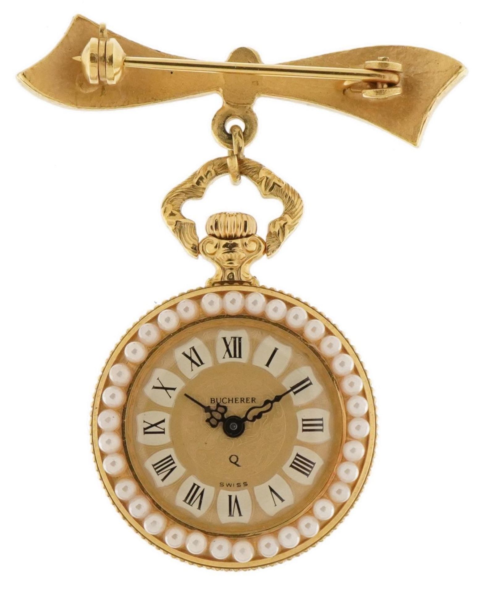 Bucherer, ladies simulated pearl and enamel fob watch with bow brooch clasp with box and Bucherer