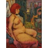 Portrait of a nude red-headed female in an interior, continental post-war oil on board, mounted