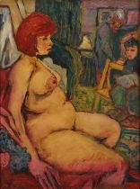 Portrait of a nude red-headed female in an interior, continental post-war oil on board, mounted