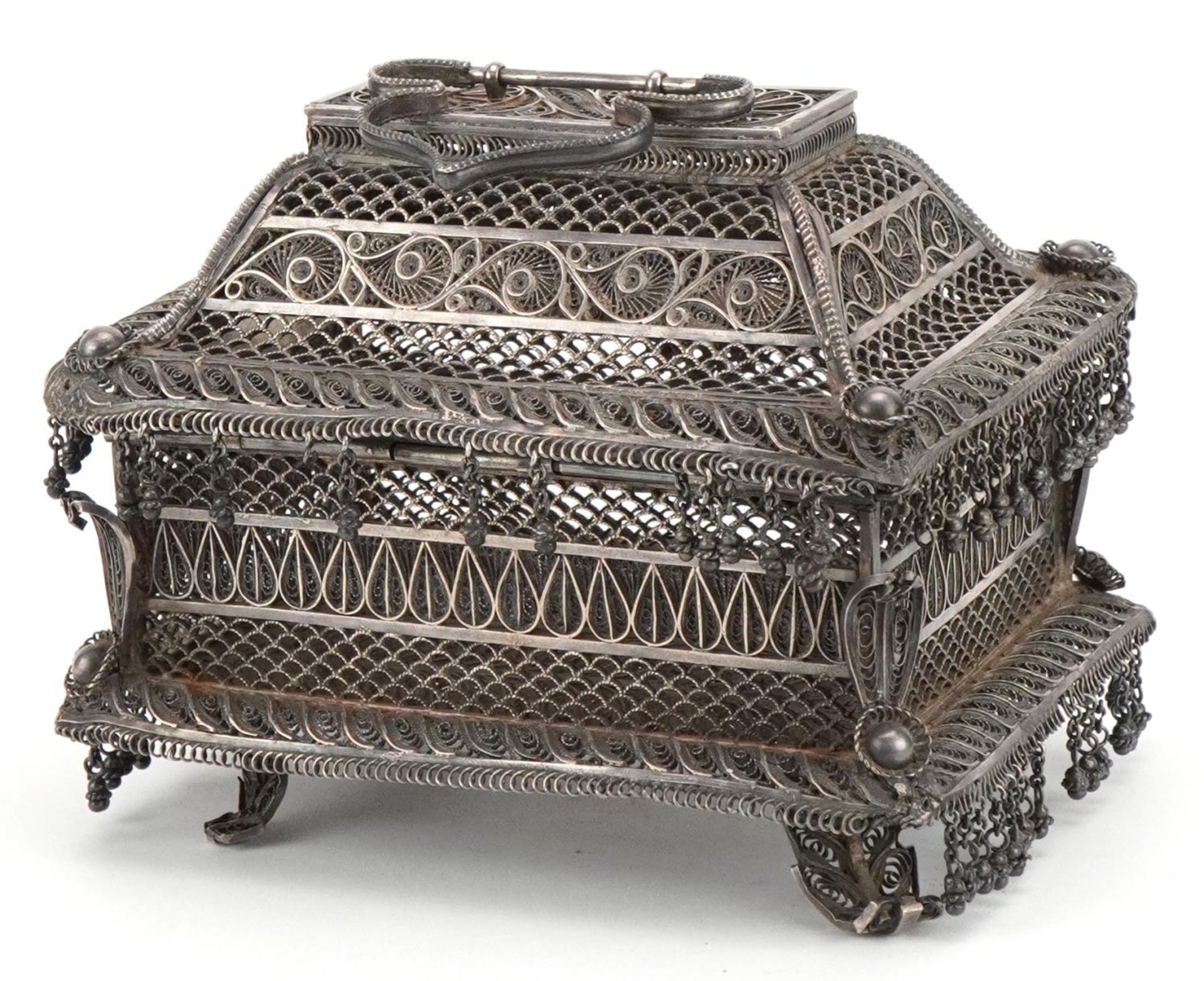 Indian Goa silver filigree table casket with tassel drops, the plaque impressed M L Bros CTC to - Image 4 of 6