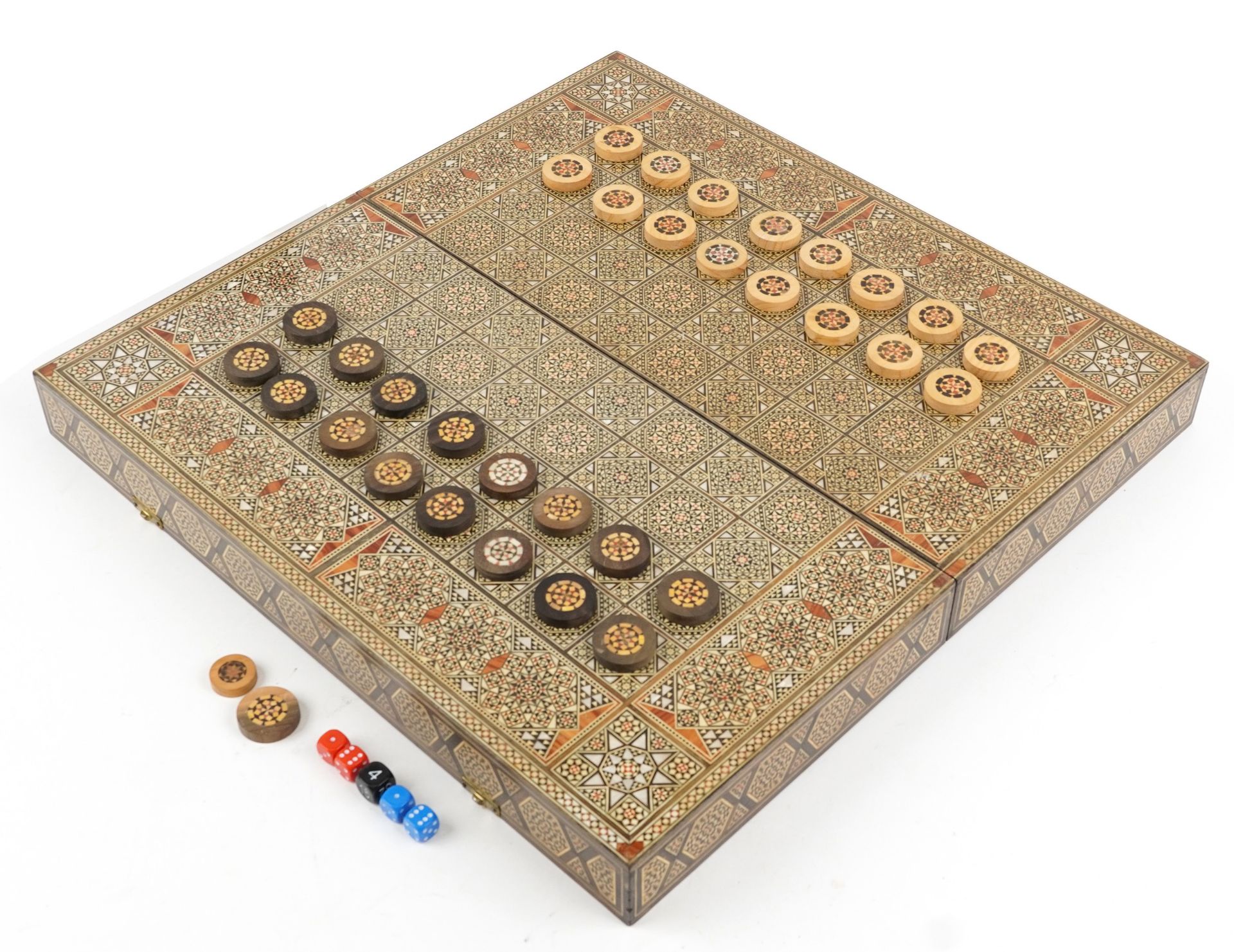 Syrian Moorish style Vizagapatam folding games board with backgammon set, 11cm high x 52cm W x