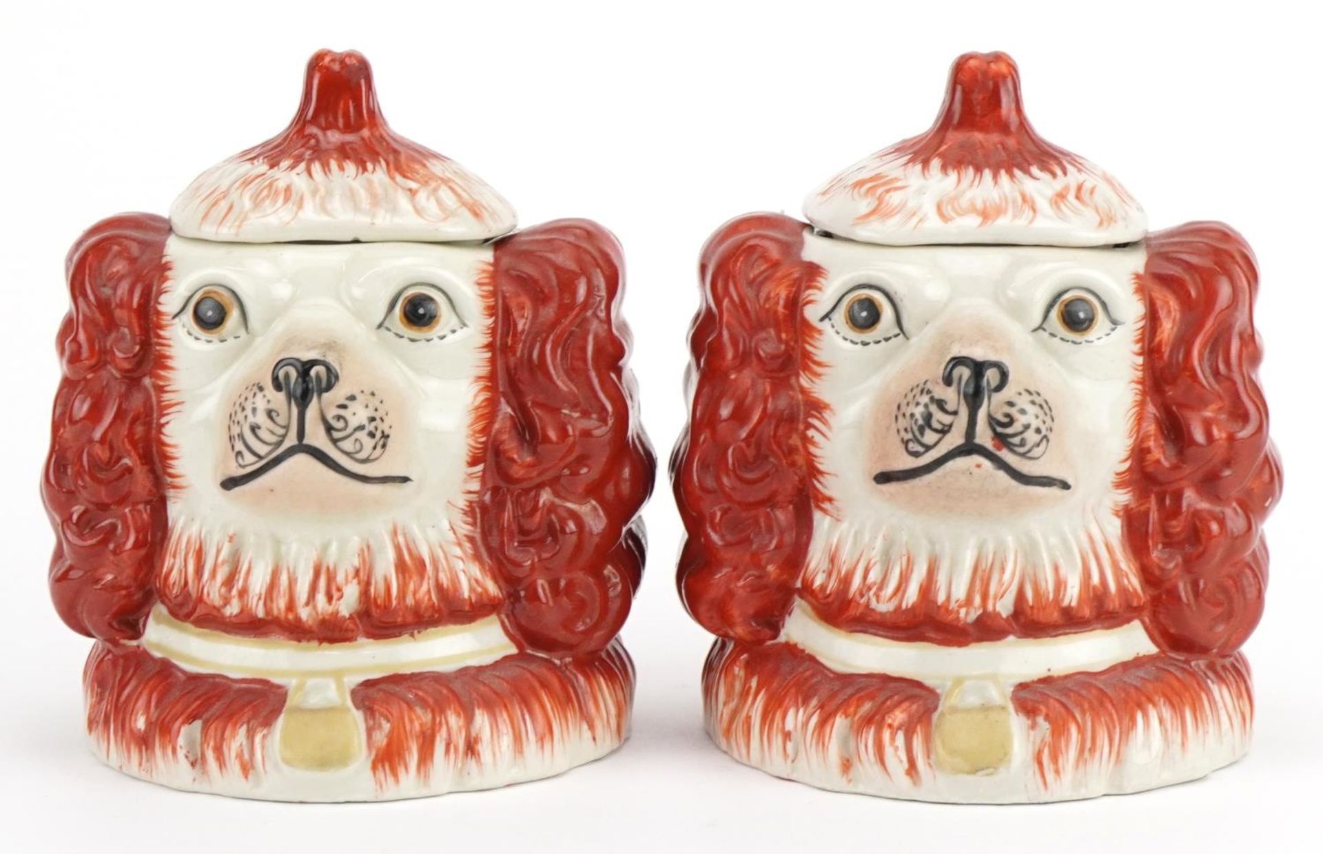 Pair of Staffordshire pottery style double sided Spaniel head pots and covers, each 14cm high :
