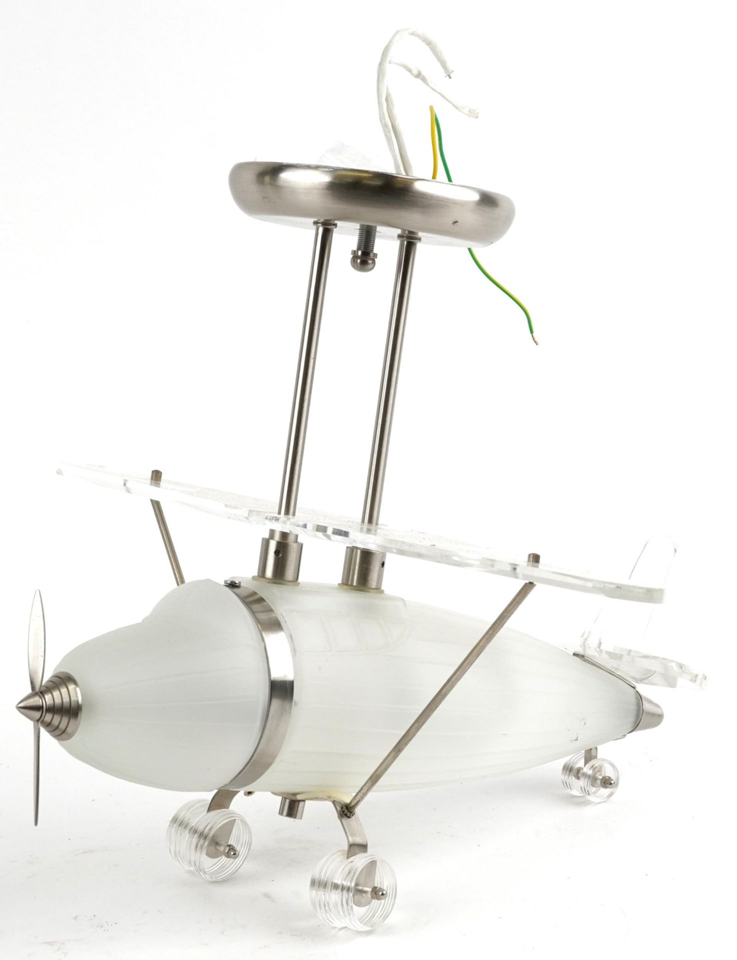 1970s style Perspex and frosted glass light fitting with chromed mounts in the form of an aeroplane,