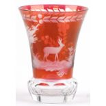 Bohemian ruby flashed glass vase etched with deer in a landscape, 14cm high : For further