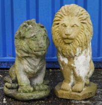 Two garden stoneware seated lions, the largest 50cm high : For further information on this lot