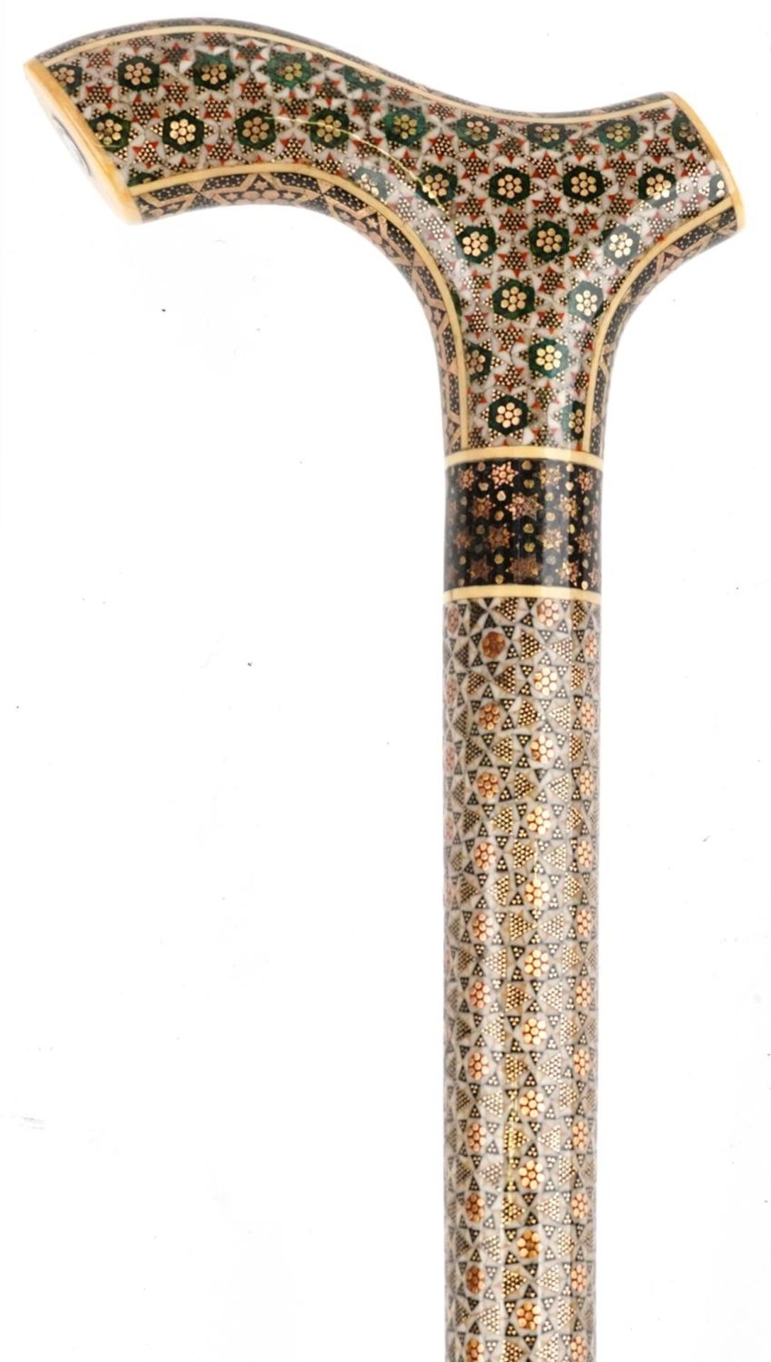 Vizagapatam style Islamic micro mosaic inlaid walking stick and a leather bound Quran, 95.5cm in - Image 3 of 9