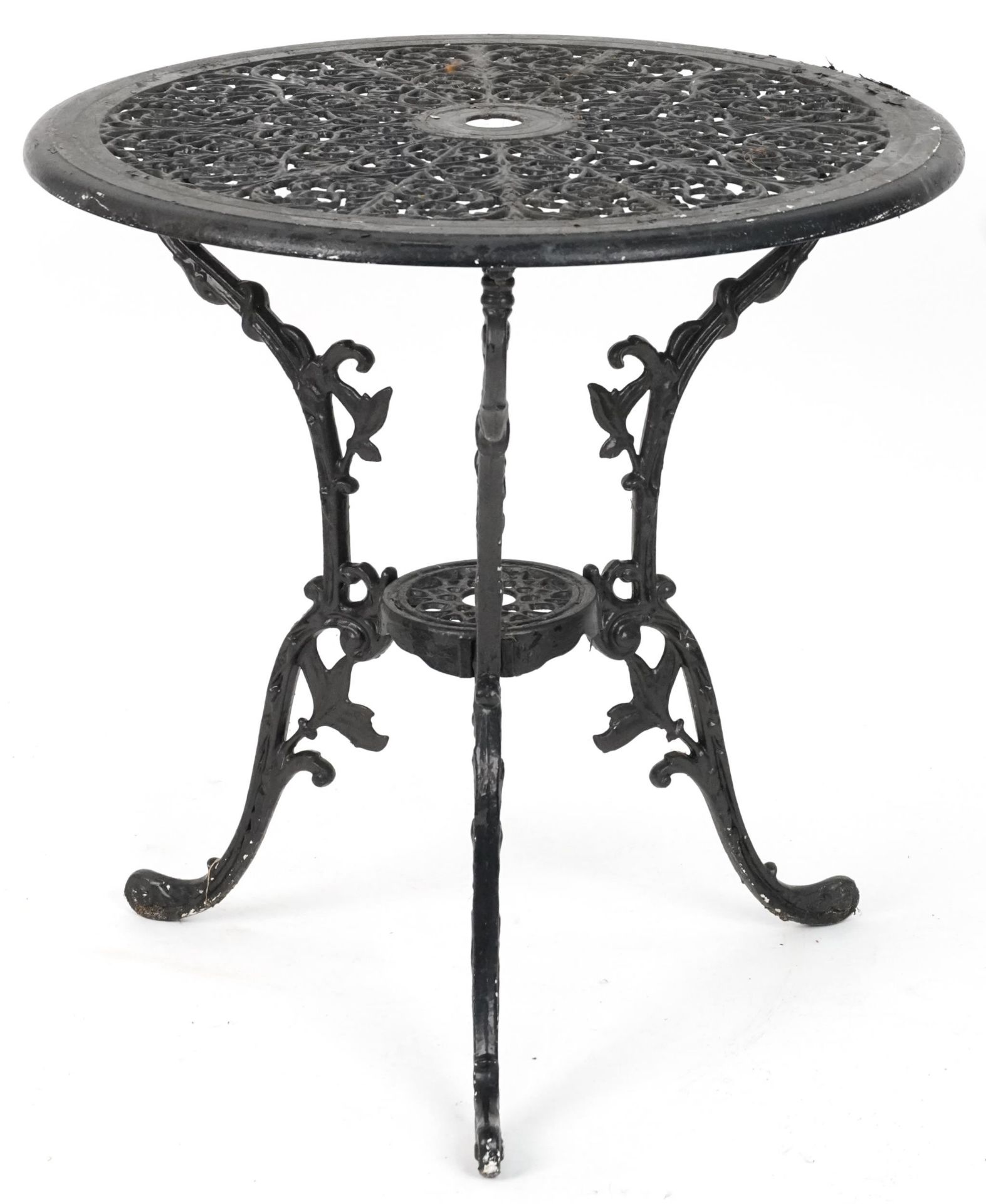 Black painted cast metal circular garden table with three chairs, 70.5cm high x 69cm in diameter : - Image 7 of 7