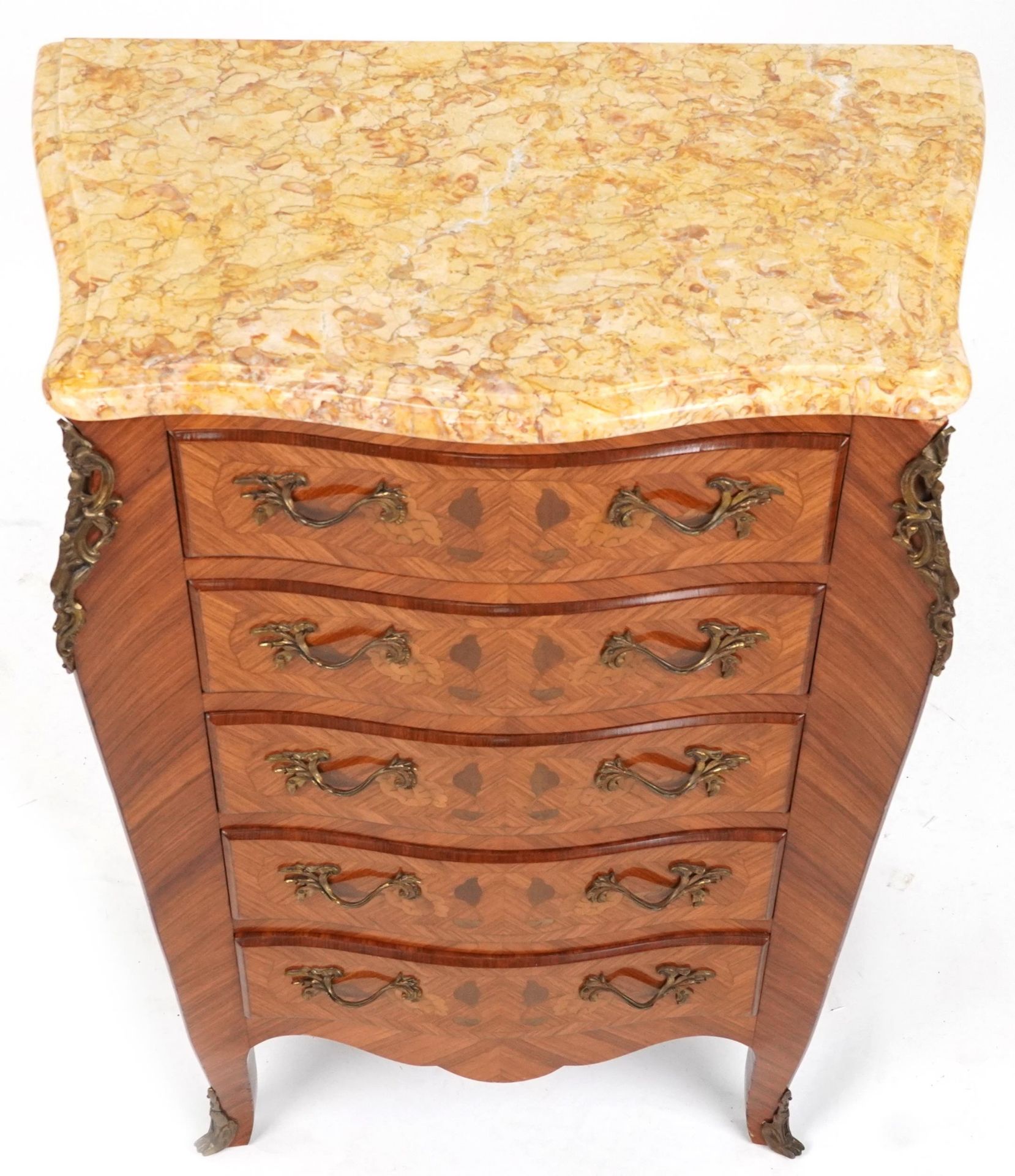 French inlaid serpentine front five drawer chest with marble top and gilt metal mounts, 98cm H x - Image 3 of 5
