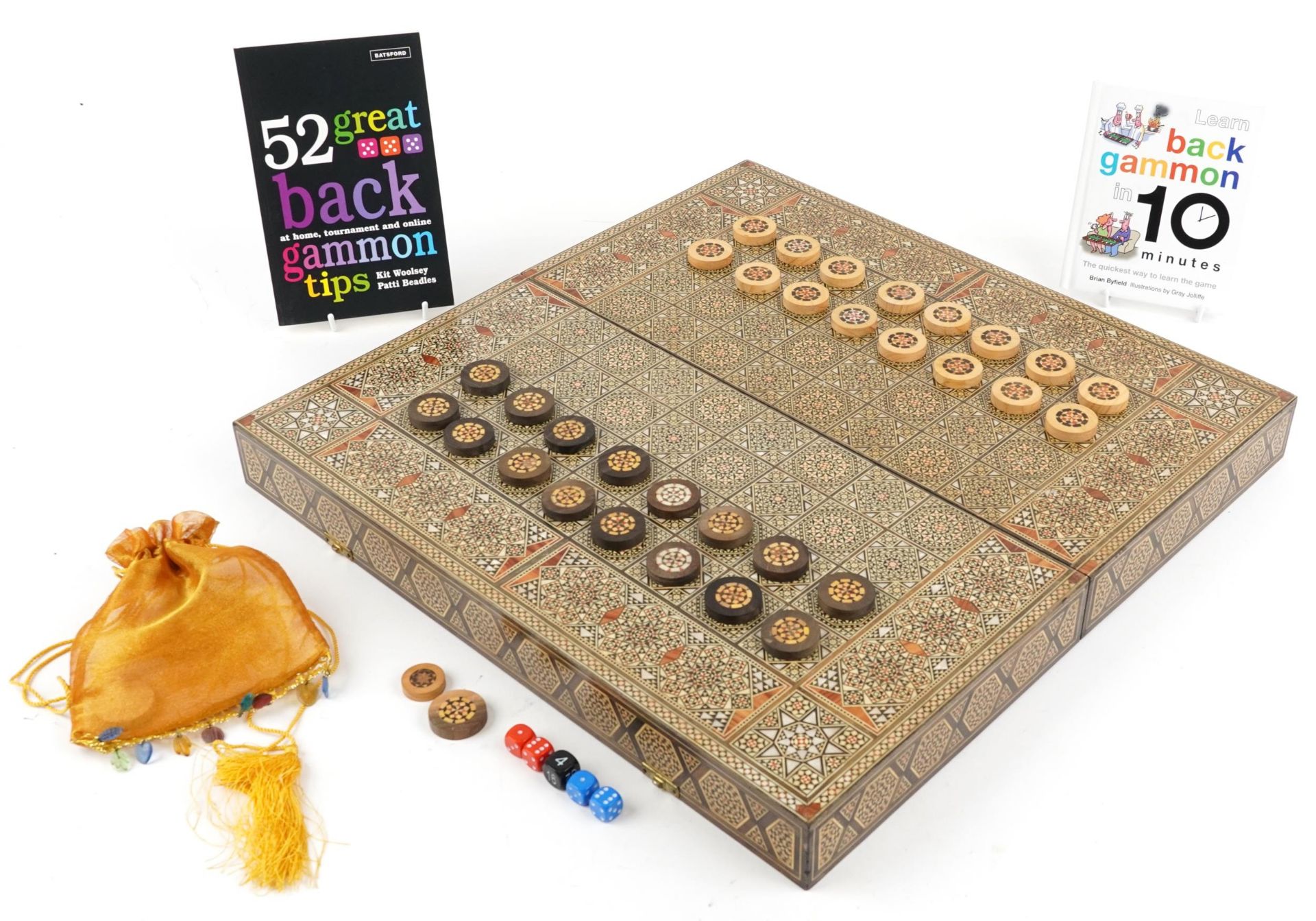 Syrian Moorish style Vizagapatam folding games board with backgammon set, 11cm high x 52cm W x - Image 2 of 6