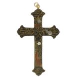 Japanese Shakudo mixed metal cross pendant engraved with stylised gourds and flowers, 8cm high : For