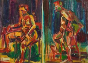 Manner of Elizabeth Frink - Nude male and females in an interior, Camden school oil on board,