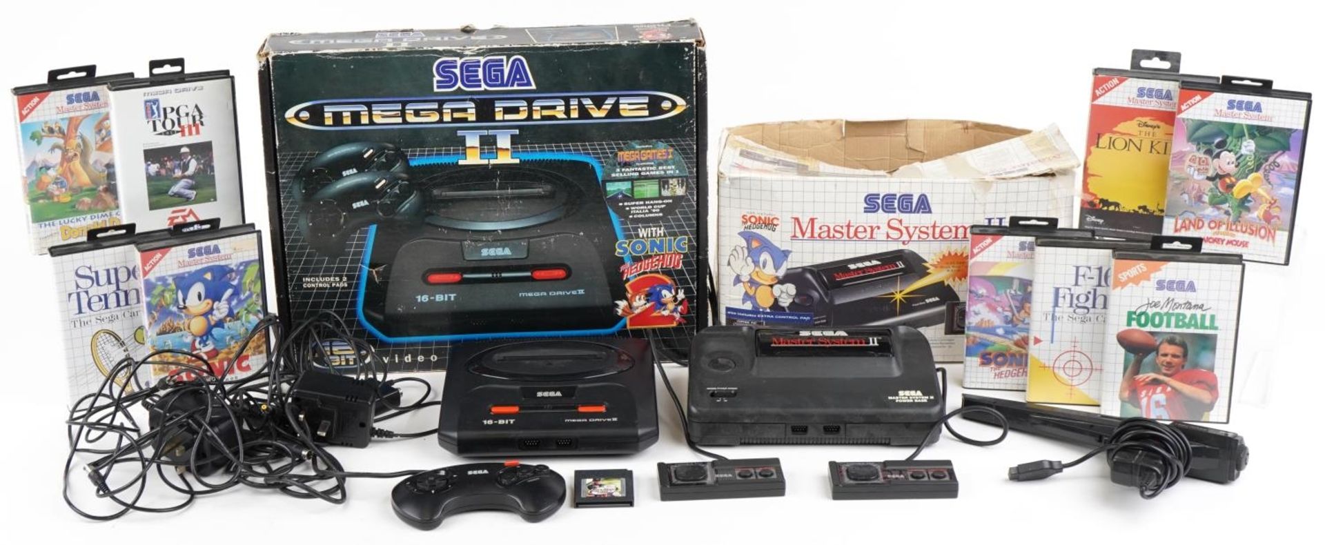 Vintage Sega games consoles and games including Sega Mega Drive II with box, Sega Master System II