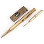 Objects comprising 9ct gold propelling toothpick, silver cigar cutter and rolled gold Yard-O-Led