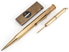Objects comprising 9ct gold propelling toothpick, silver cigar cutter and rolled gold Yard-O-Led