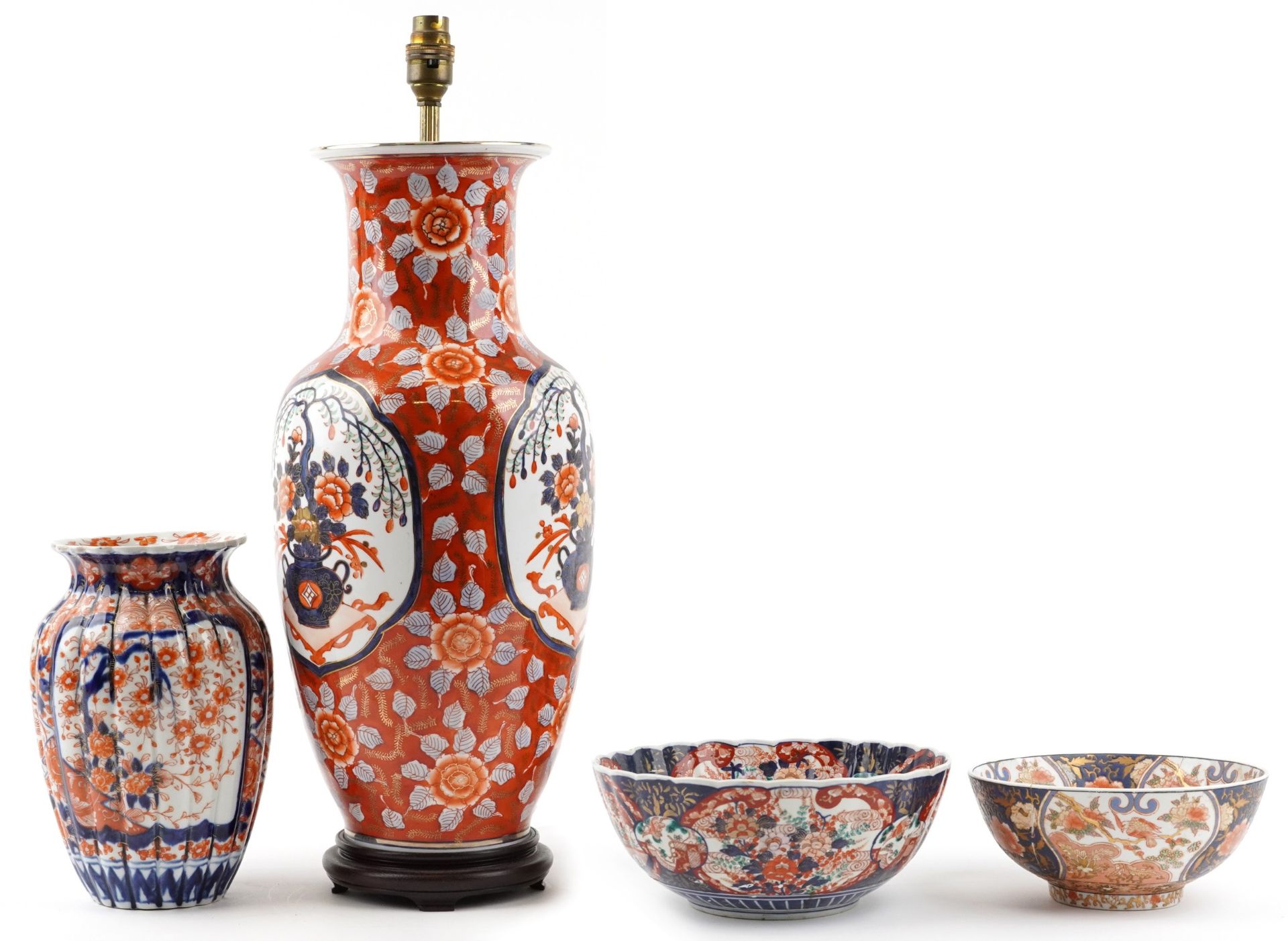 Japanese Imari porcelain including a large vase table lamp, fluted vase hand painted with flowers - Image 3 of 6