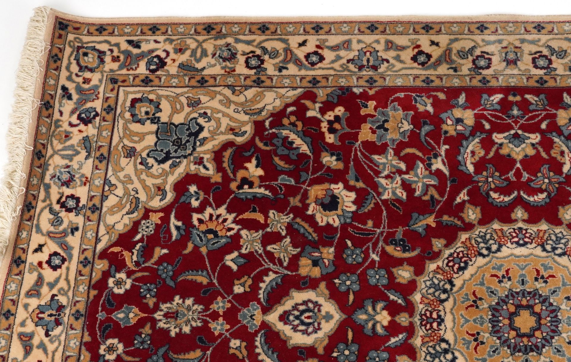 Rectangular Indian Rani rug having an allover repeat floral design on the red and cream grounds, - Image 2 of 6