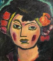 Portrait of a female wearing flowers in her hair, continental school post-war oil on board, 40.5cm x