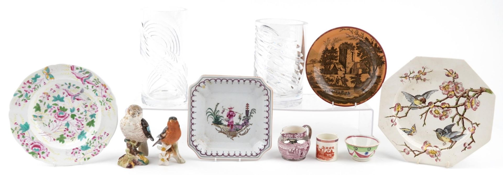 Antique and later china and glassware including an Aesthetic plate, Sunderland lustre, two Beswick