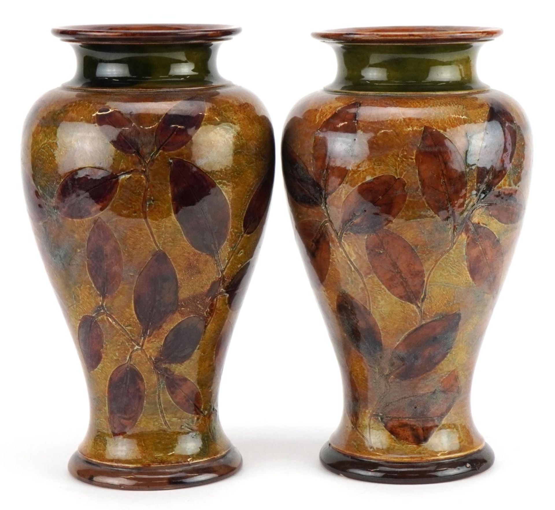 Pair of Royal Doulton stoneware Autumn Leaves pattern baluster vases, impressed 7562 to the bases,