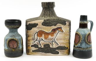 Mid century West German pottery including a Scheurich horse flask vase numbered 281-59, the