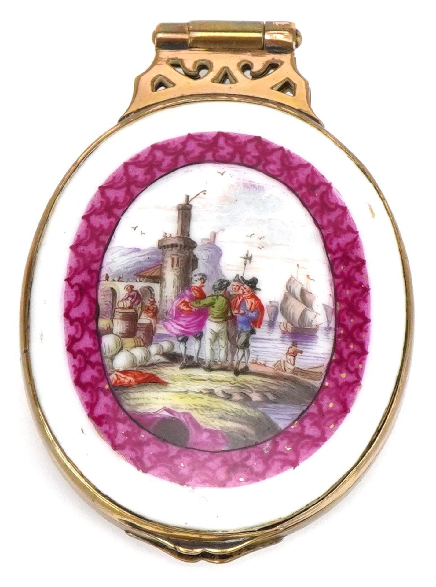 19th century Continental brass locket with two porcelain panels hand painted with 18th century - Image 3 of 6
