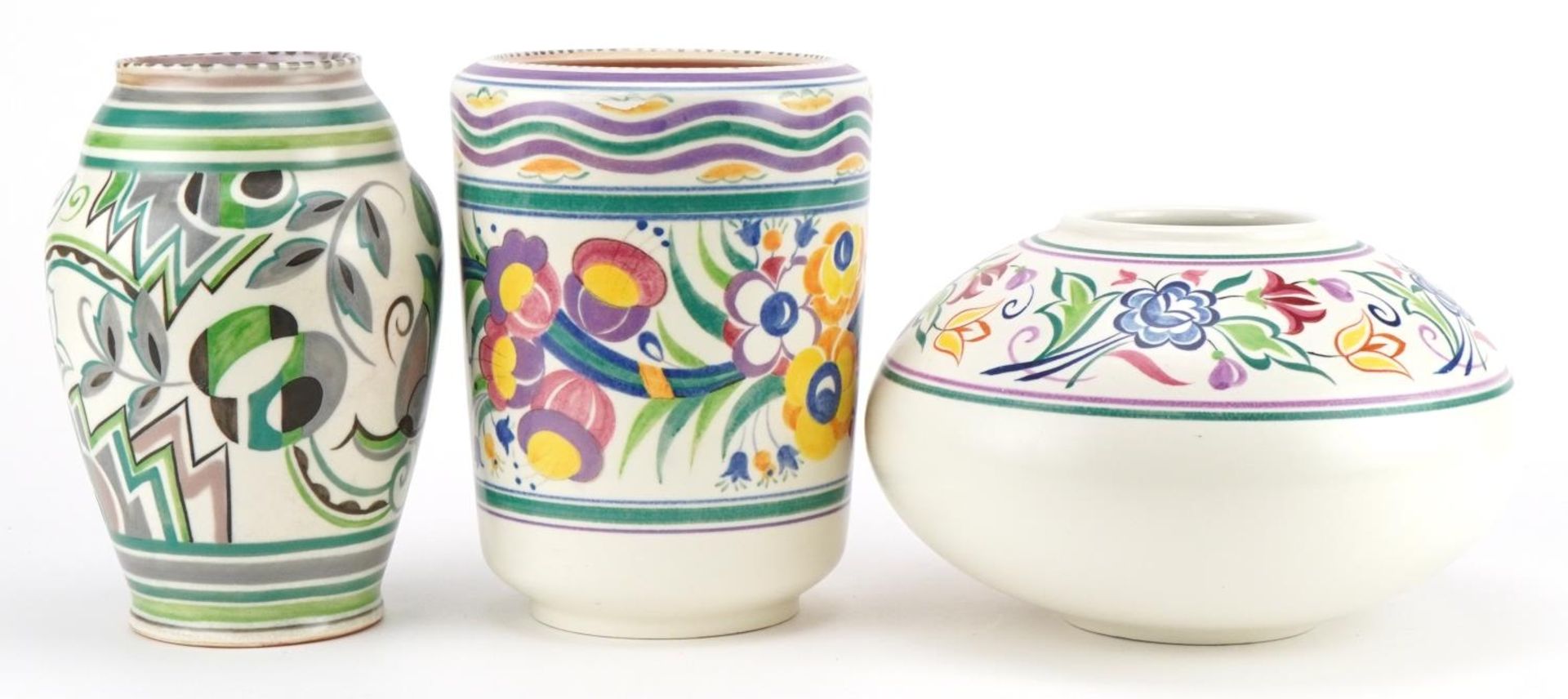 Three Mid century Poole pottery vases hand painted with stylised flowers including one in the GPA - Image 2 of 4
