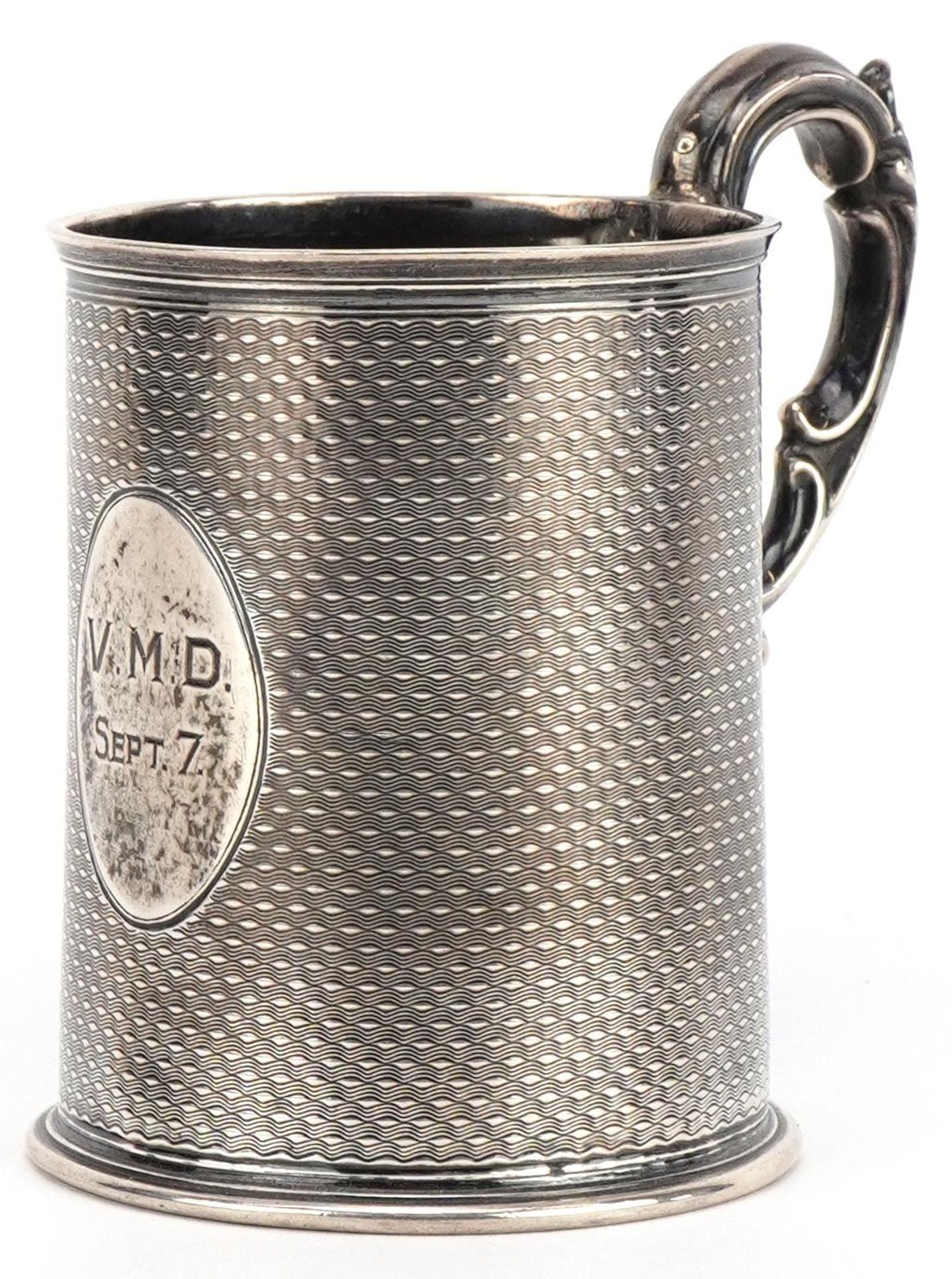 Victorian engine turned silver christening tankard, WH maker's marks, London 1863, 10cm high, 123.1g