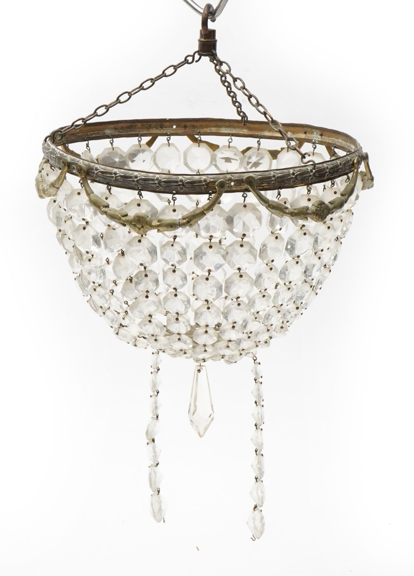 Two brass bag chandeliers with cut glass drops, the largest 26cm in diameter : For further - Image 3 of 6