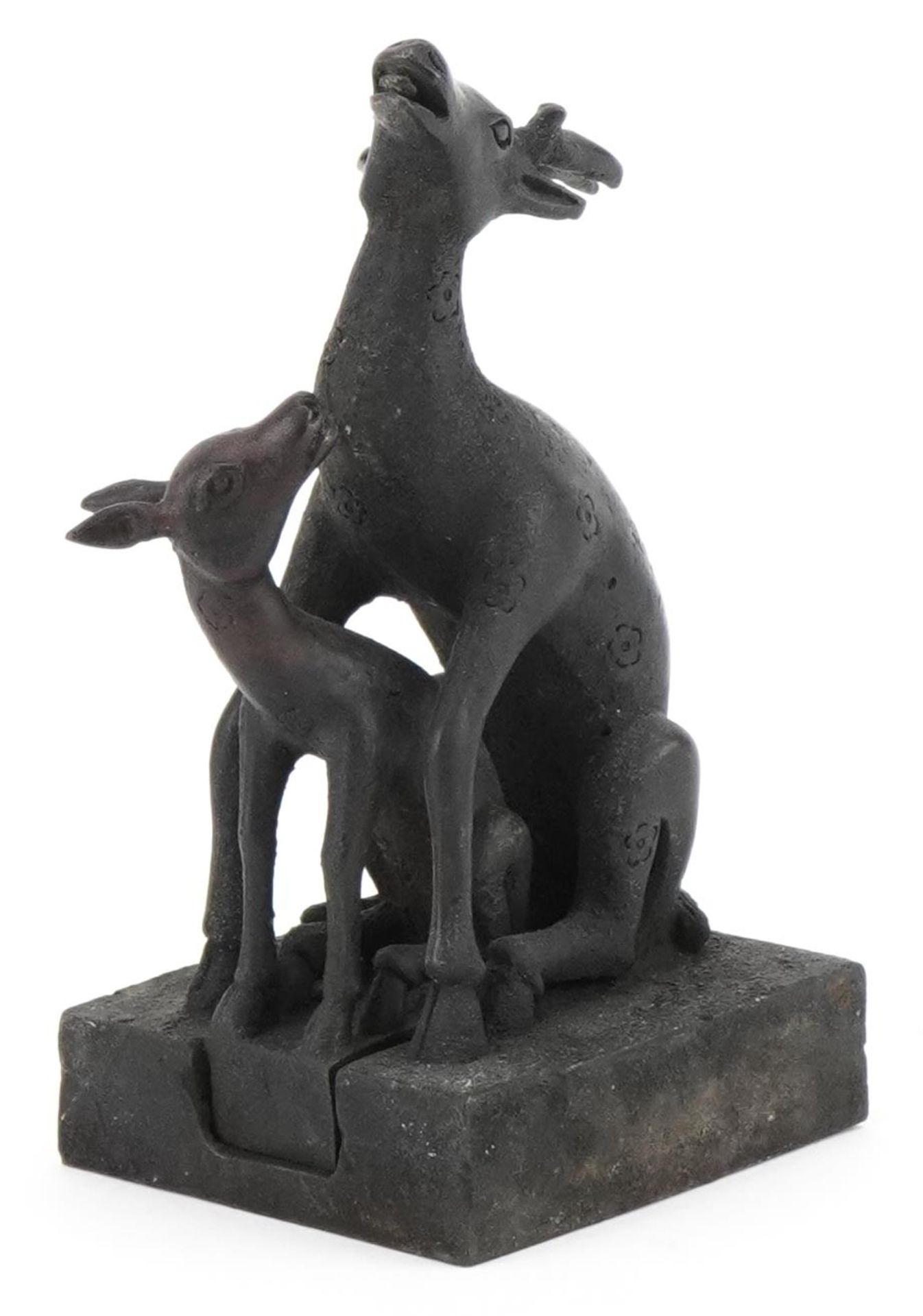 Chinese patinated bronze deer and foal two piece seal, 12.5cm high : For further information on this