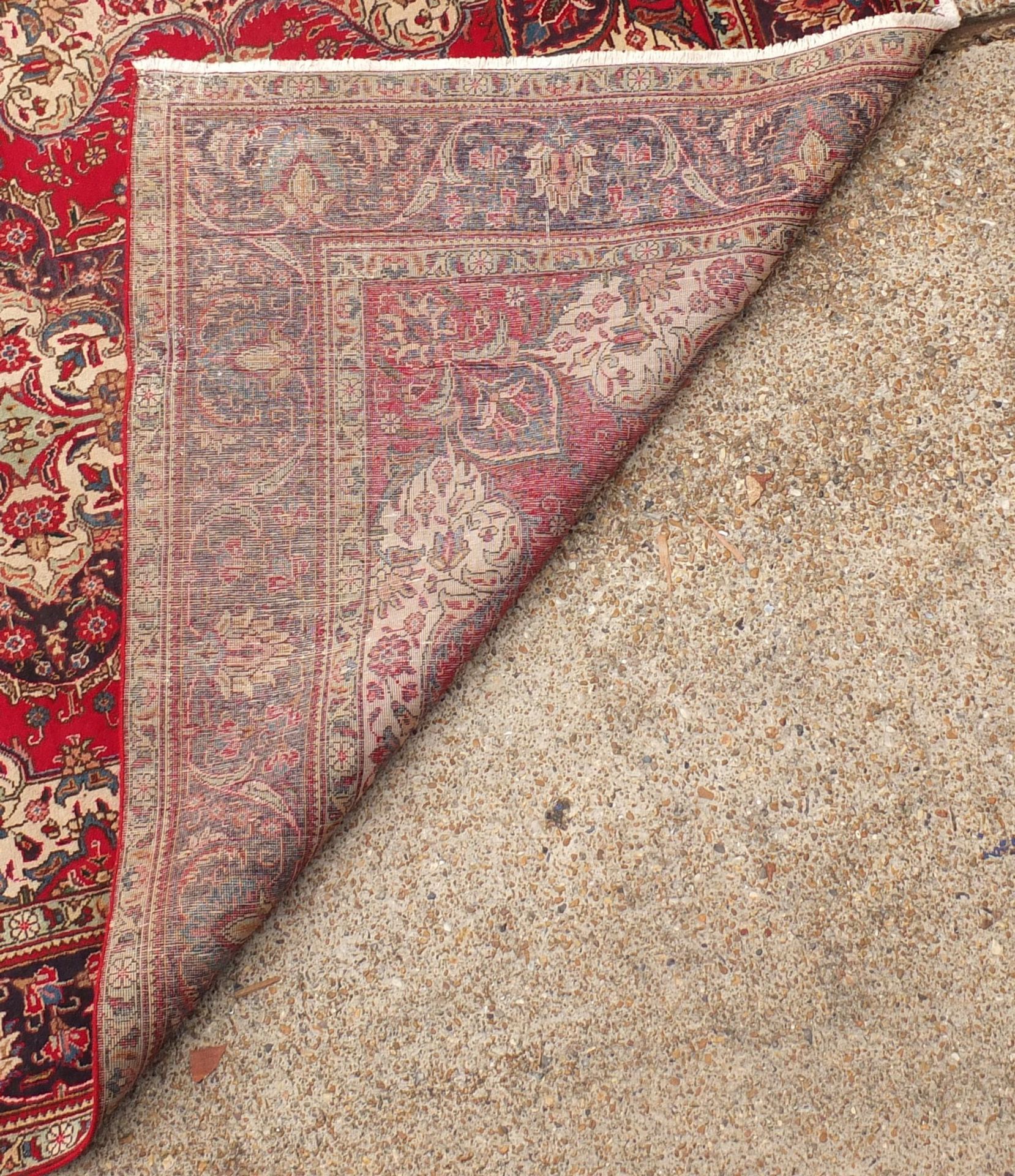 Hand made Iranian carpet with stylised floral pattern onto a red and blue ground, 354cm x 254cm : - Image 4 of 4
