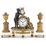 19th century French ormolu and white marble mantle clock with garniture candlesticks, the mantle
