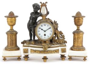 19th century French ormolu and white marble mantle clock with garniture candlesticks, the mantle