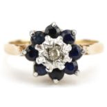9ct gold diamond and blue spinel flower head ring, size K, 1.9g : For further information on this