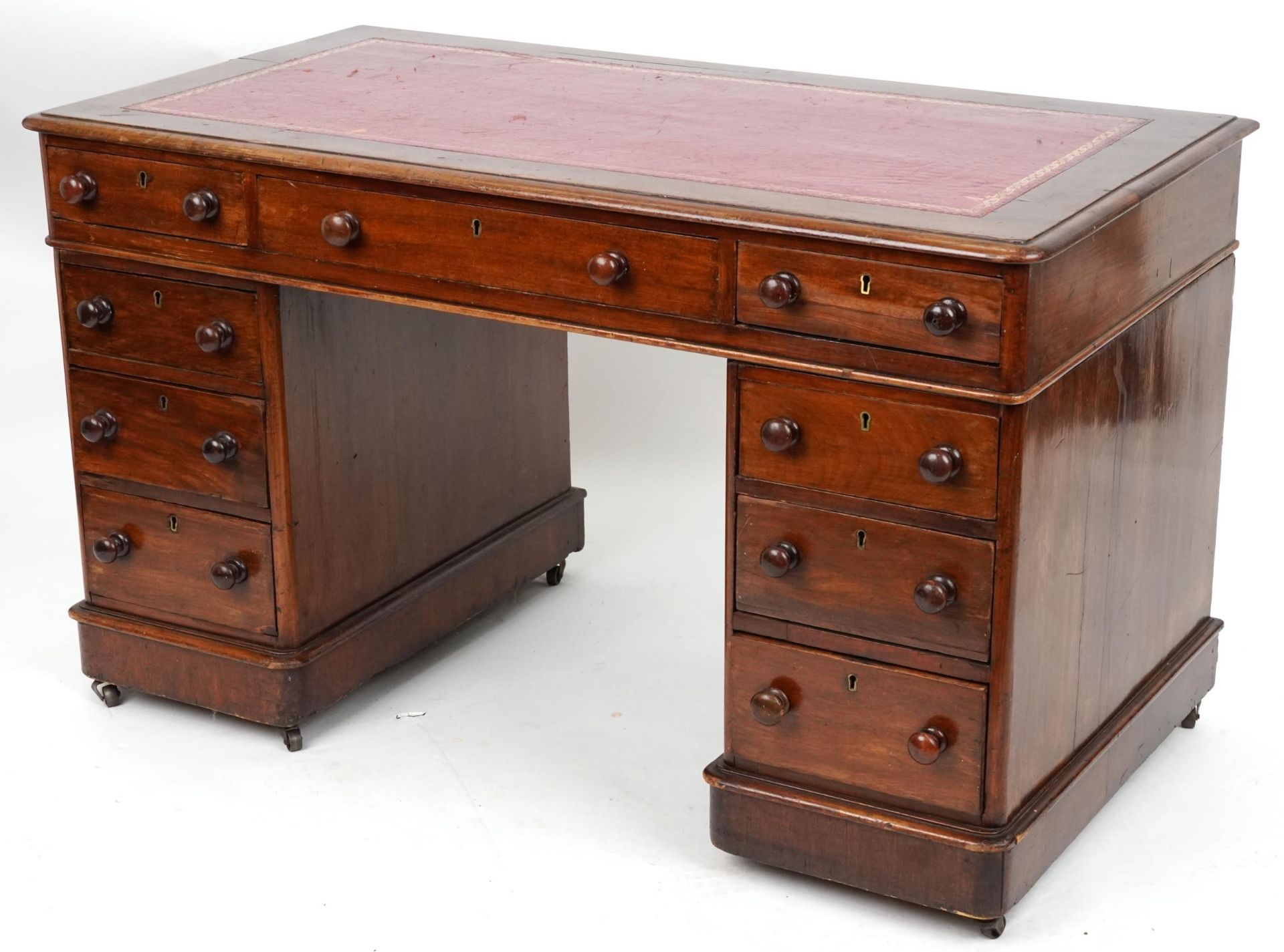 Victorian mahogany twin pedestal desk with tooled leather insert fitted with an arrangement of - Image 3 of 4